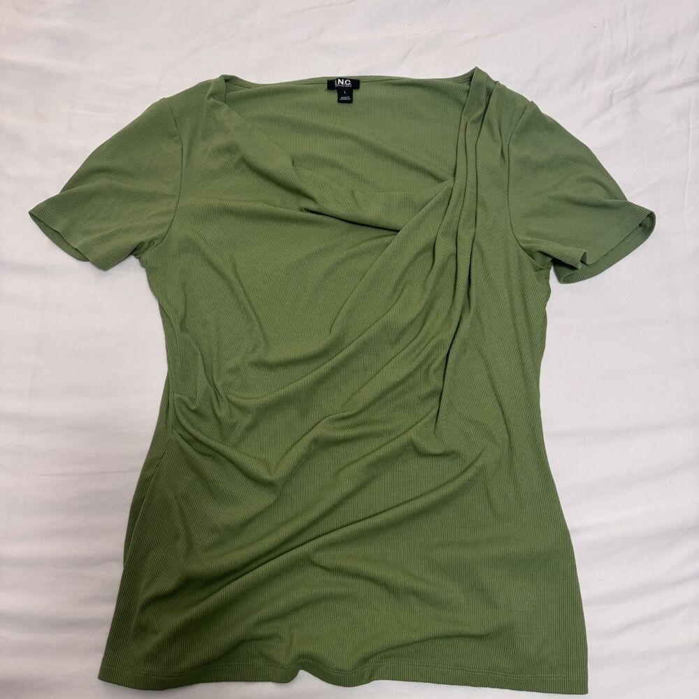 INC Sage Green Cowl Neck Draped Ribbed Top size L